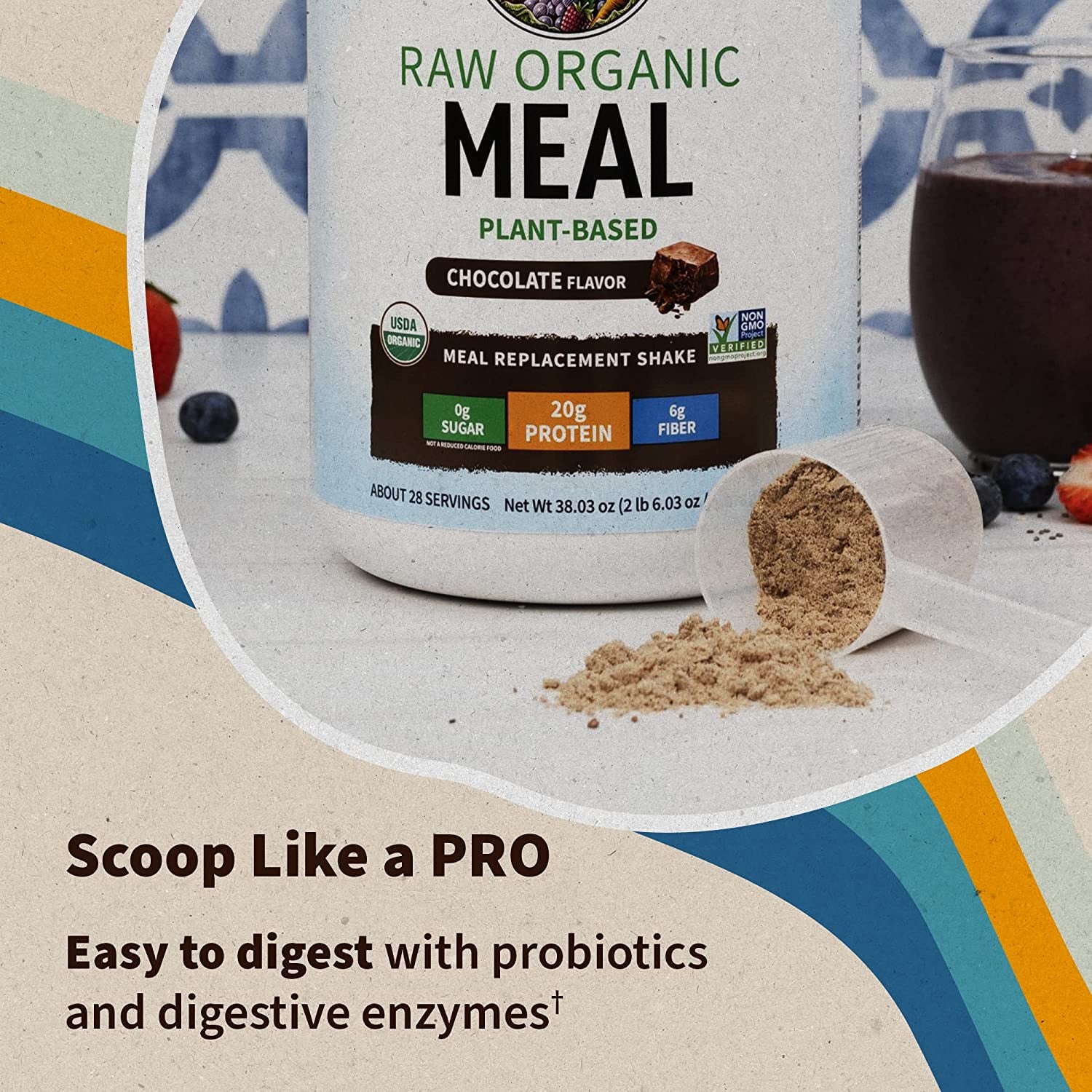 Raw Organic Meal Replacement Shakes - Chocolate Plant Based Vegan Protein Powder, Pea Protein, Sprouts, Greens, Probiotics, Dairy Free All in One Shake for Women and Men, 28 Servings