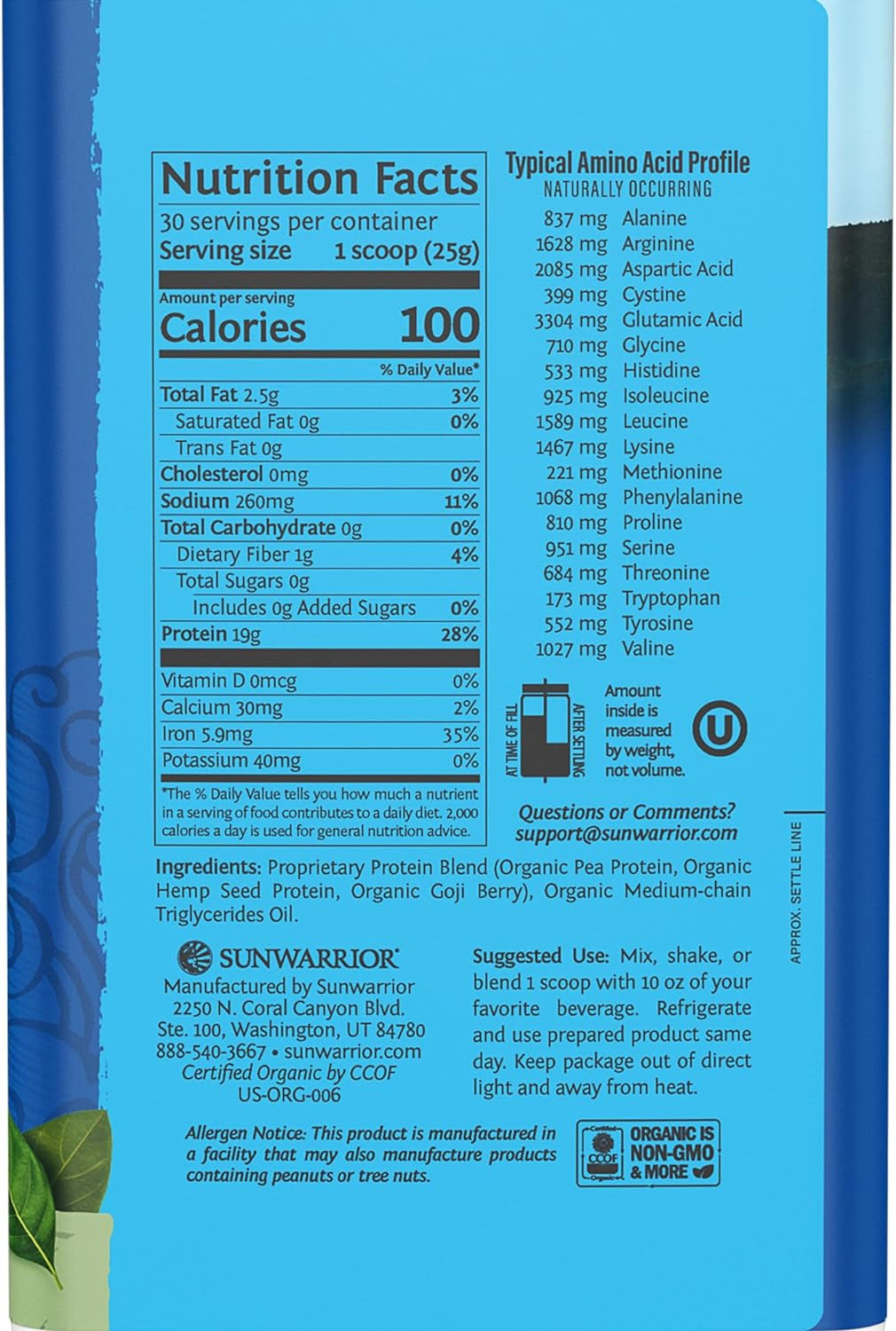 Vegan Organic Protein Powder Plant-Based | BCAA Amino Acids Hemp Seed Soy Free Dairy Free Gluten Free Synthetic Free NON-GMO | Unflavored 30 Servings | Warrior Blend by