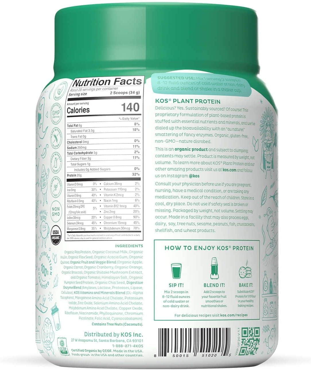 Vegan Protein Powder, Unflavored & Unsweetened - Low Carb Pea Protein Blend, Organic Superfood Rich in Vitamins & Minerals - Keto, Soy, Dairy Free - Meal Replacement for Women & Men - 20 Servings