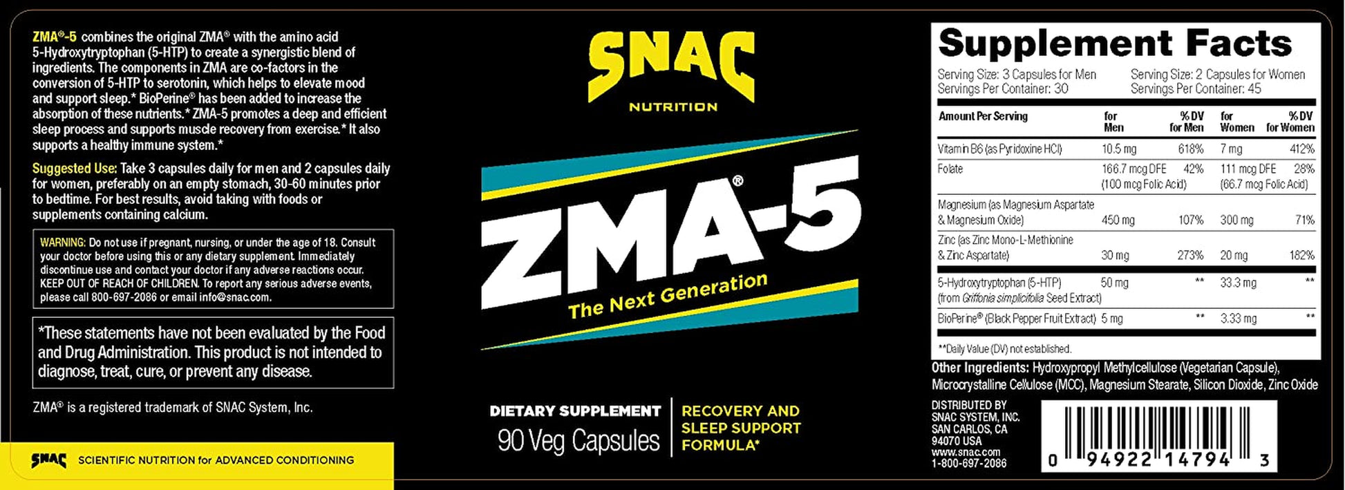 ZMA-5 Sleep Aid Supplement, Promote Muscle Recovery & Growth, Immune Support, & Restorative Sleep with Zinc, Magnesium & 5-HTP, Post Workout, before Bed ZMA Supplements 90 Veggie Capsules