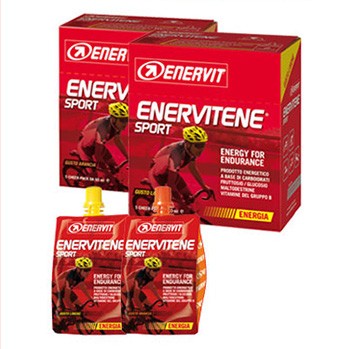 Enervit Enervitene Cheerpack energy gel pouch with bright packaging and flavor label, designed for quick energy boost during activities.