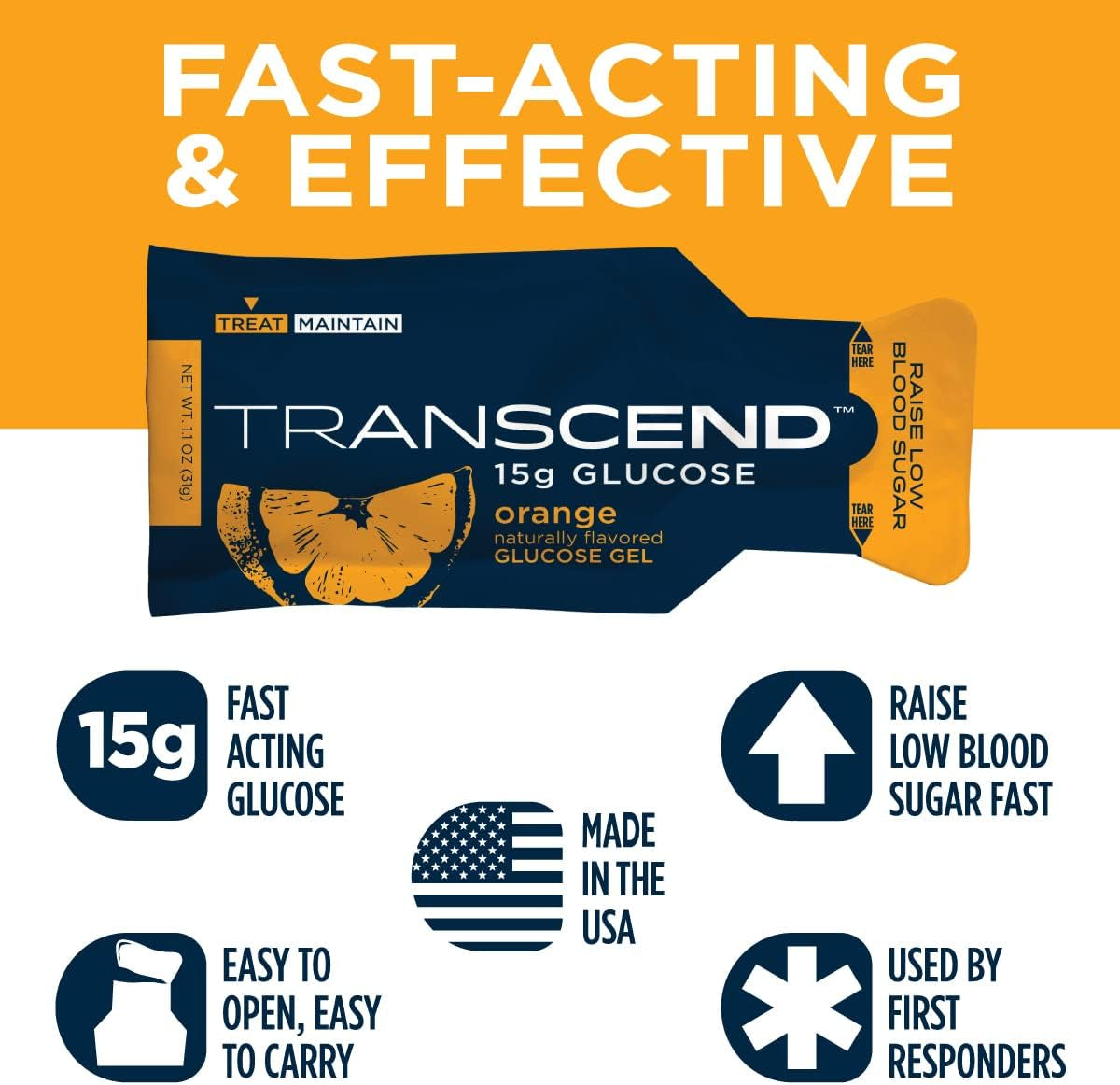 Glucose Gel Packs - Orange, 30 Pack (1.1Oz Each) - FSA/HSA Eligible - Glucose Gel Packs for Diabetics, Blood Sugar Support Alternative to Glucose Tablets - Precise 15G Dose, Made in USA