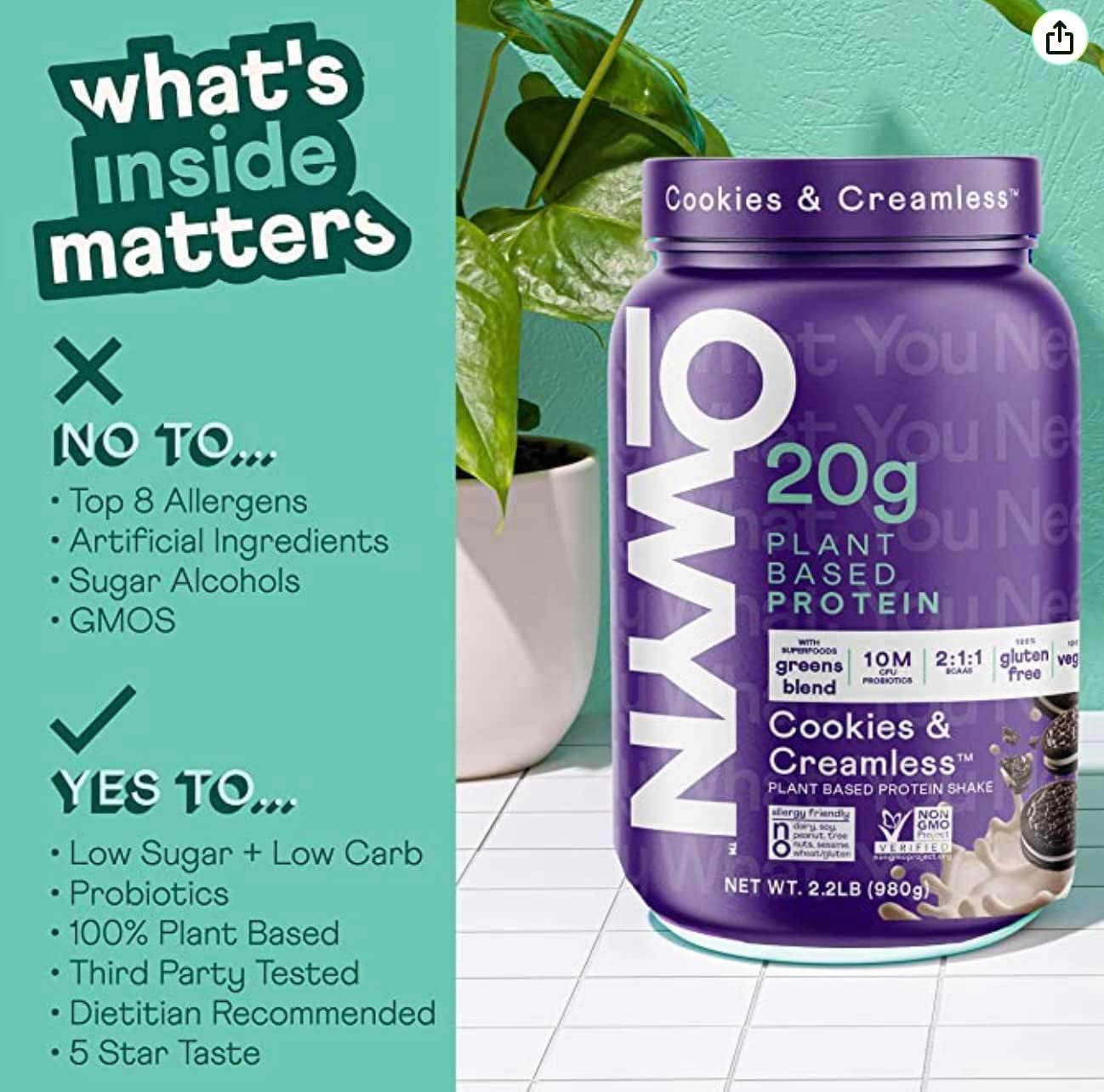 Owyn Plant Based Protein Powder with 20G Protein, Probiotics, Superfoods Greens, Pea, Chia and Pumpkin Seed Blend, Vegan, (Cookies & Creamless, 2.2 Pound (Pack of 1) Packaging May Vary