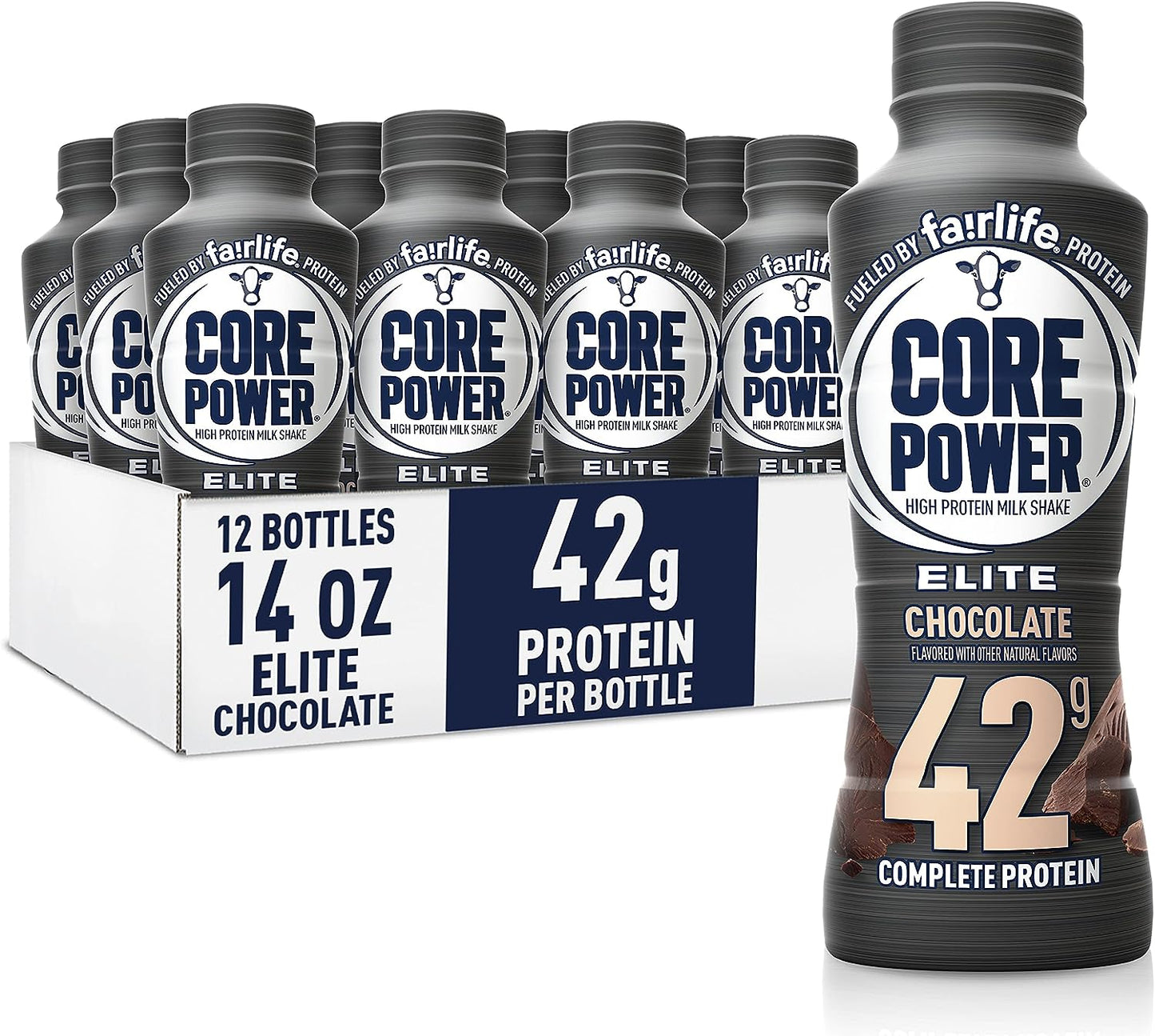 Fairlife Core Power Elite chocolate protein milk shakes in 14 oz bottles, packed for workout recovery and kosher diet.