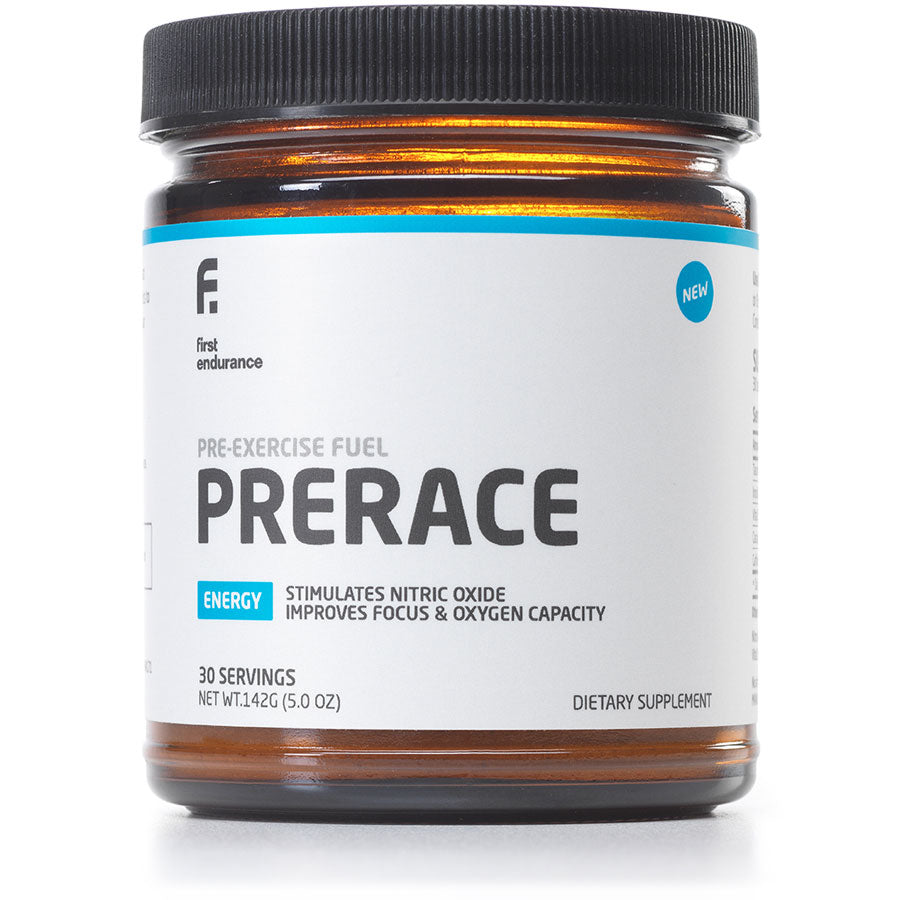First Endurance PreRace Premium High-Octane PR Fuel in a container with 30 servings for energy and focus.