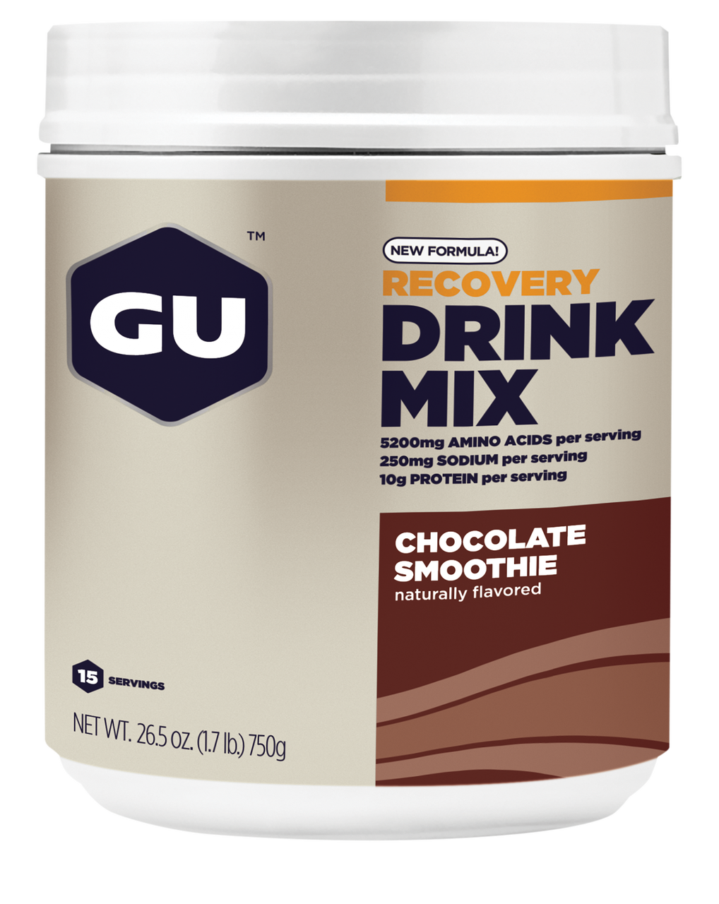 GU Energy Recovery chocolate smoothie canister featuring a sleek design and label, ideal for post-workout nutrition.