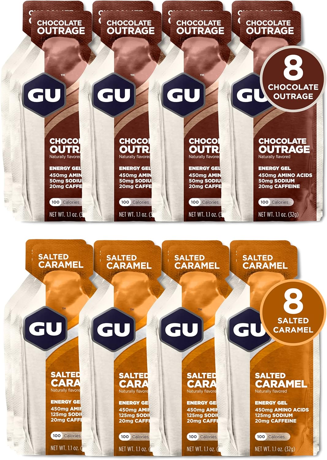 GU Energy sports nutrition variety pack with 8 Chocolate Outrage and 8 Salted Caramel energy gels, total 16 packets.