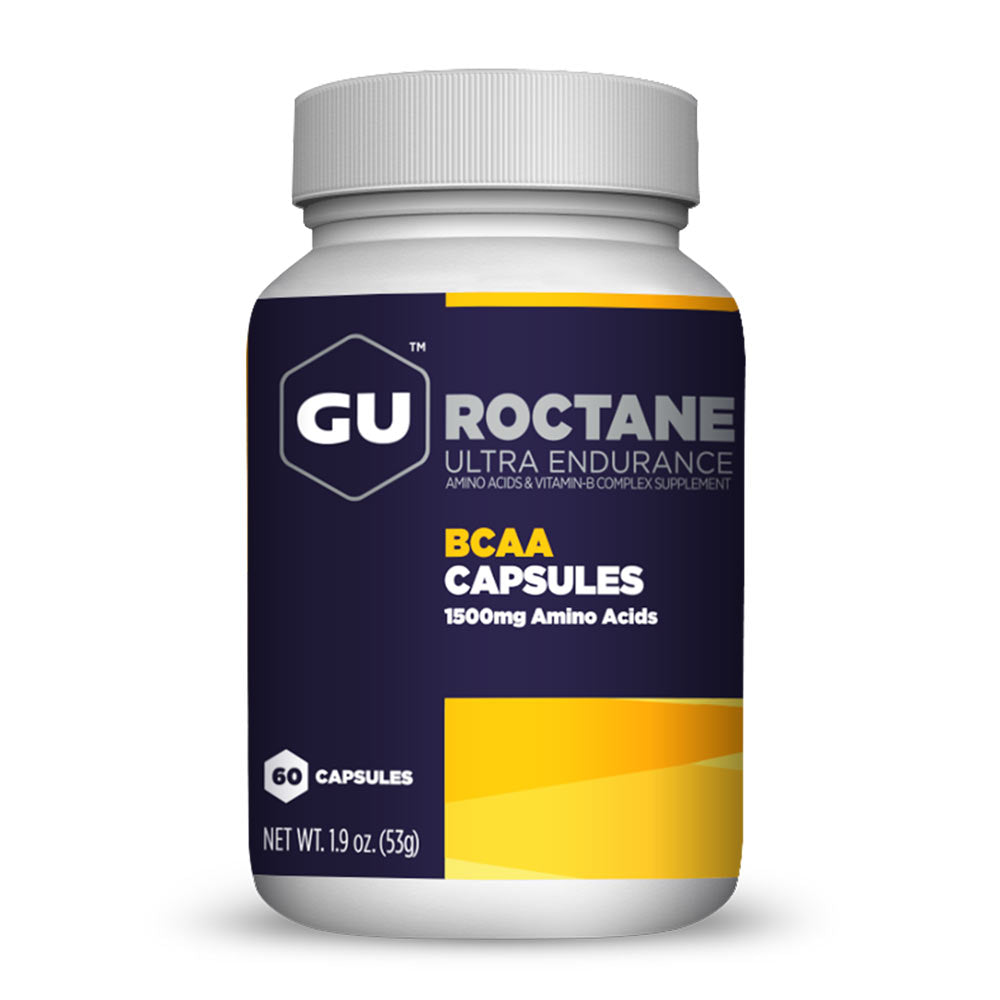 GU Energy BCAA capsules for muscle recovery, 60-count bottle showing clear label and capsule details.