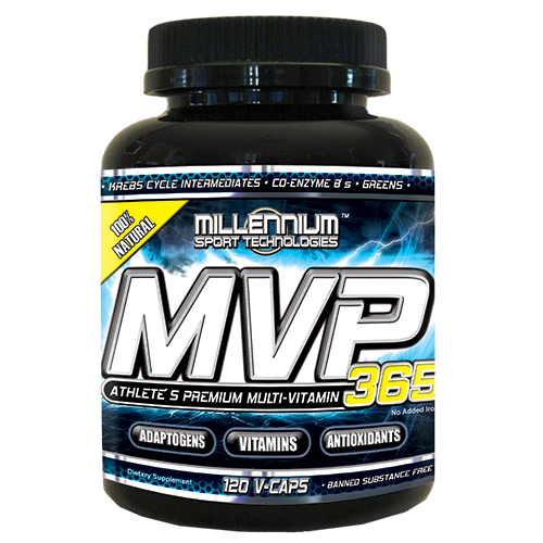 MVP-365 120 capsules by Millennium Sport Technologies, showcasing the bottle with a clear label and capsule contents.