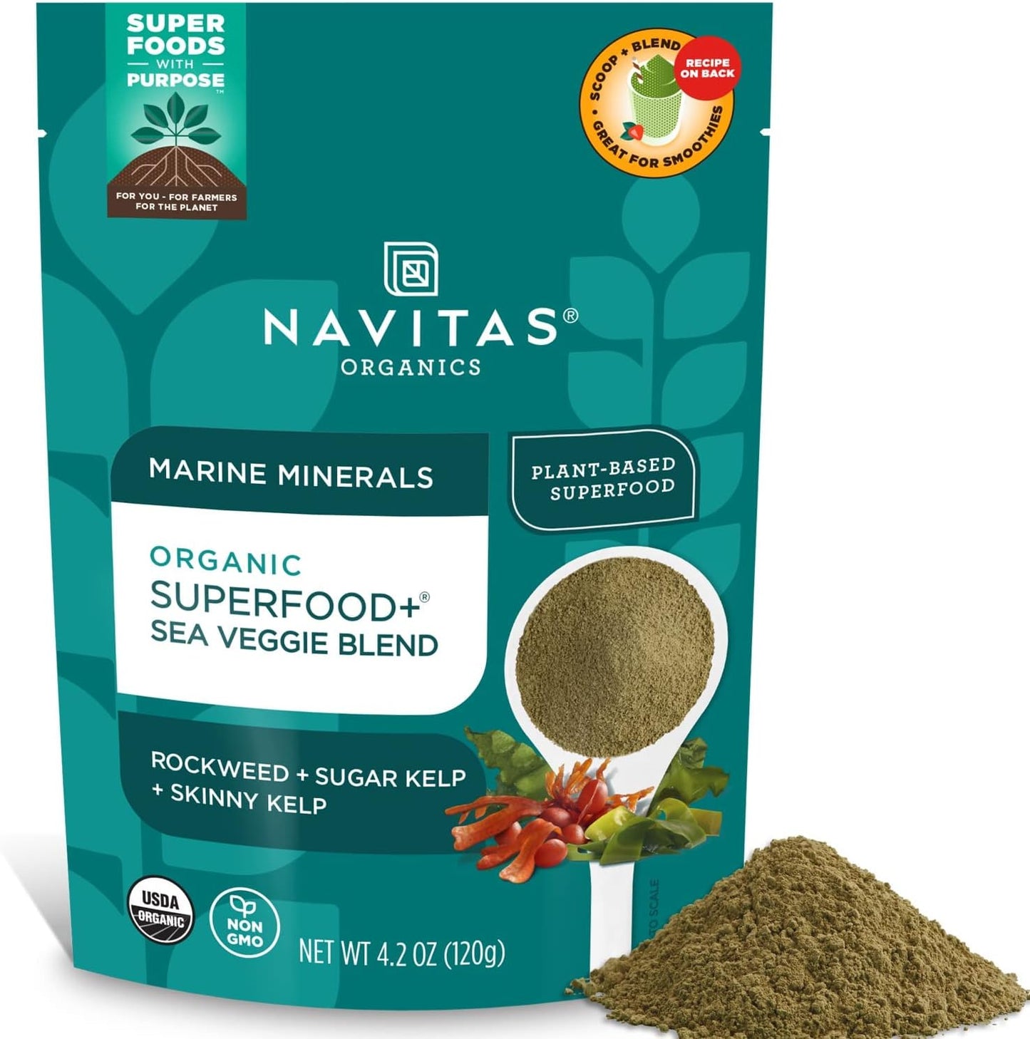 Navitas Organics Organic Sea Veggie Blend Superfood Plus in a 4 oz package with a vibrant green color and seaweed texture.