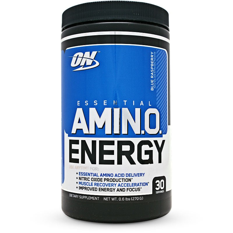 Optimum Nutrition AMIN.O. Energy powder container with 30 servings, showcasing the front label design and vibrant colors.