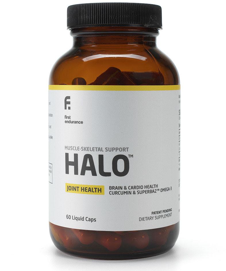 HALO by First Endurance 60 liquid caps for muscle and skeletal support, designed for joint recovery and enhanced mobility.