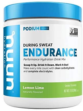 Optygen HP Nuun Endurance workout support canister with lemon-lime flavored electrolytes and carbohydrates for athletes.