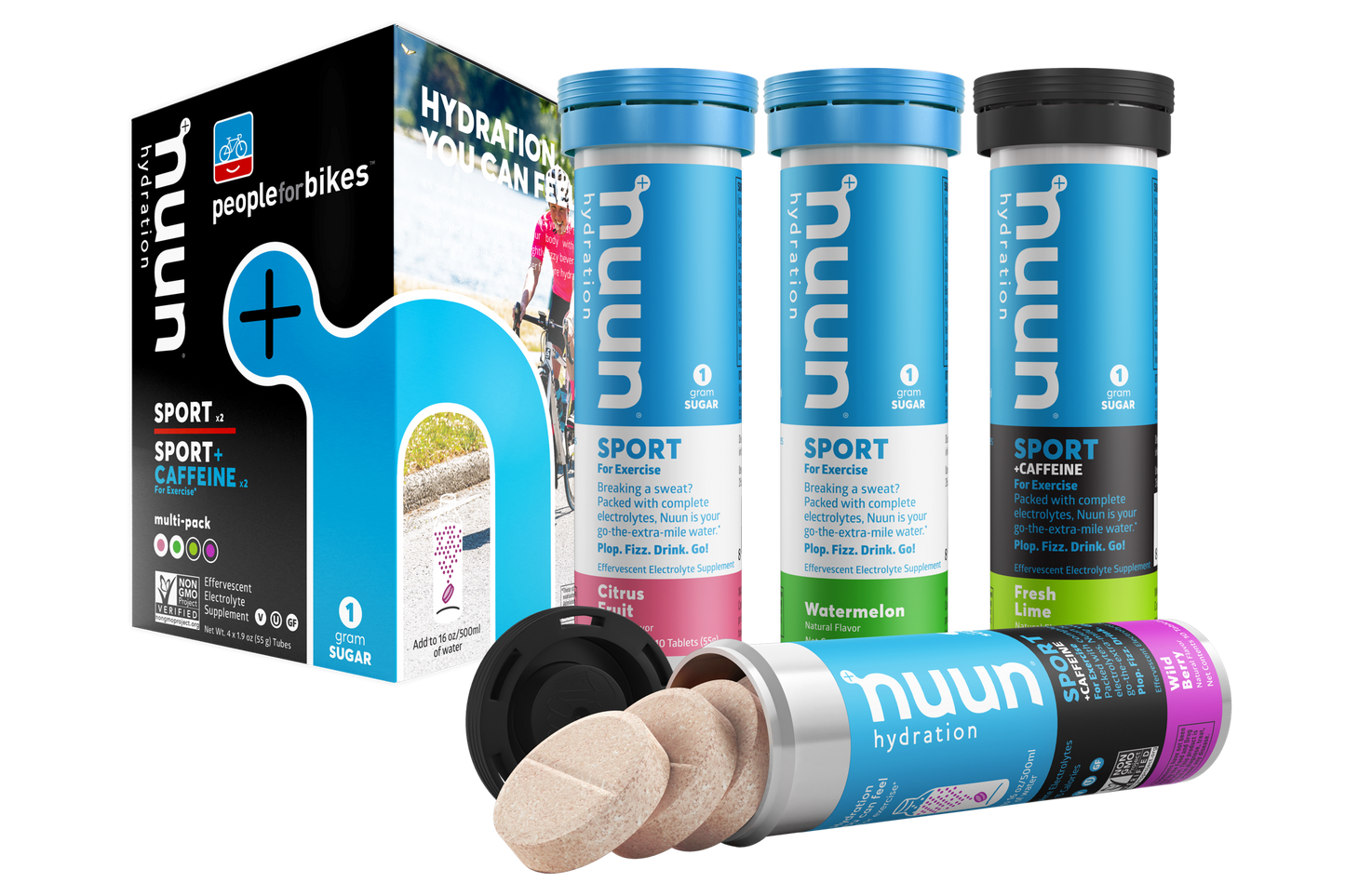 Nuun 3.0 Sport electrolyte tablets in a box, showcasing effervescent hydration supplement tubes by Optygen HP.
