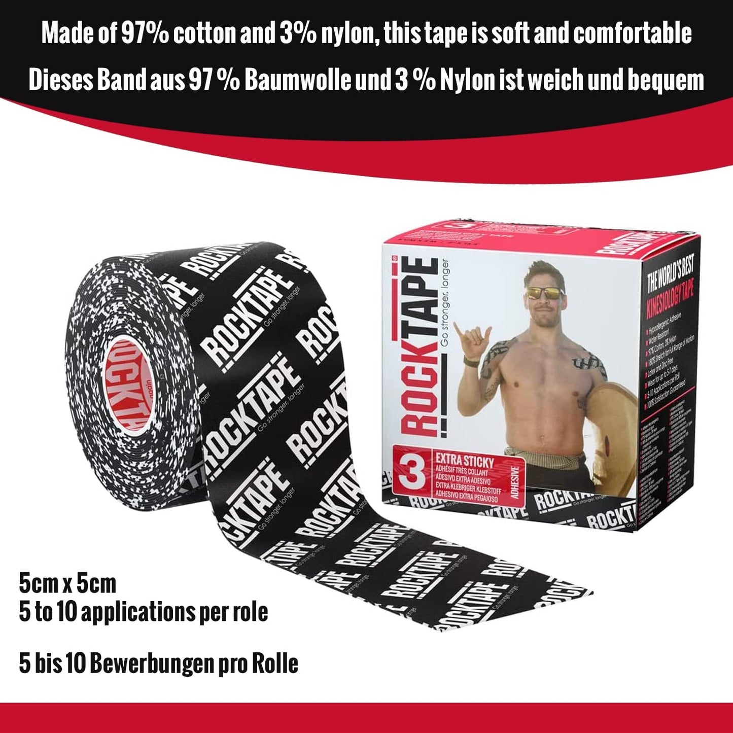 Black 2-inch extra sticky kinesiology tape by PROLINE SPORTS NUTRITION, with logo design, used for muscle support and pain relief.
