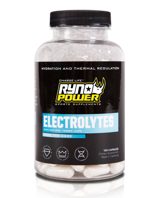 Ryno Power Electrolytes 100 capsules in a clear bottle, showcasing the front label with detailed product information.
