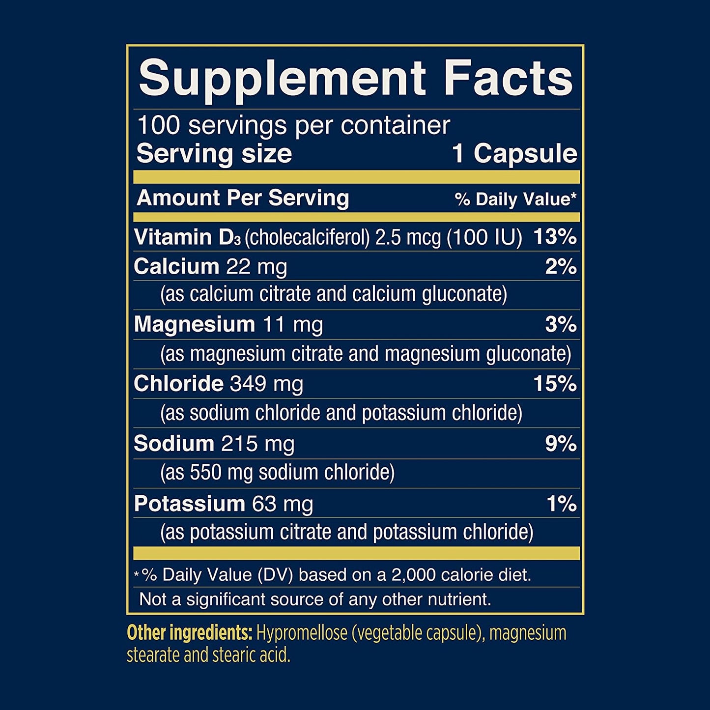 SaltStick Caps electrolyte replacement capsules in a 100 count bottle, showcasing the label and capsule size.