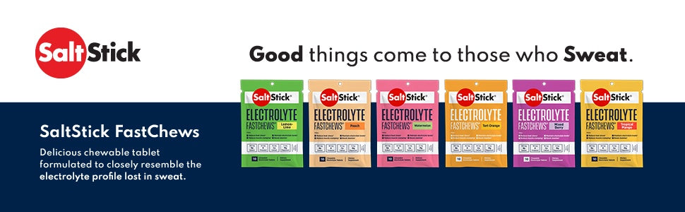 SaltStick FastChews electrolyte tablets for quick rehydration, muscle cramp relief, and sports recovery in a 12-pack variety box.