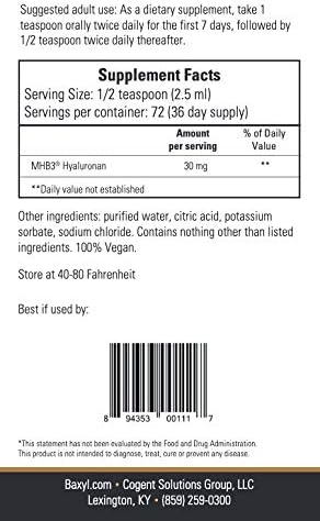 BAXYL - Liquid Hyaluronic Acid for Joint Relief Supplement (Vegan, Gluten-Free, Non-GMO, Patented Oral MHB3) | 6 Oz, 36 Day Supply