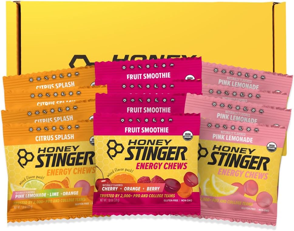 Honey Stinger Organic Energy Chew Variety Pack of 12, 4 Pack Each of Fruit Smoothie, Citrus Splash and Pink Lemonade, Gluten Free & Caffeine Free, Energy Chews for Exercise, Endurance and Performance