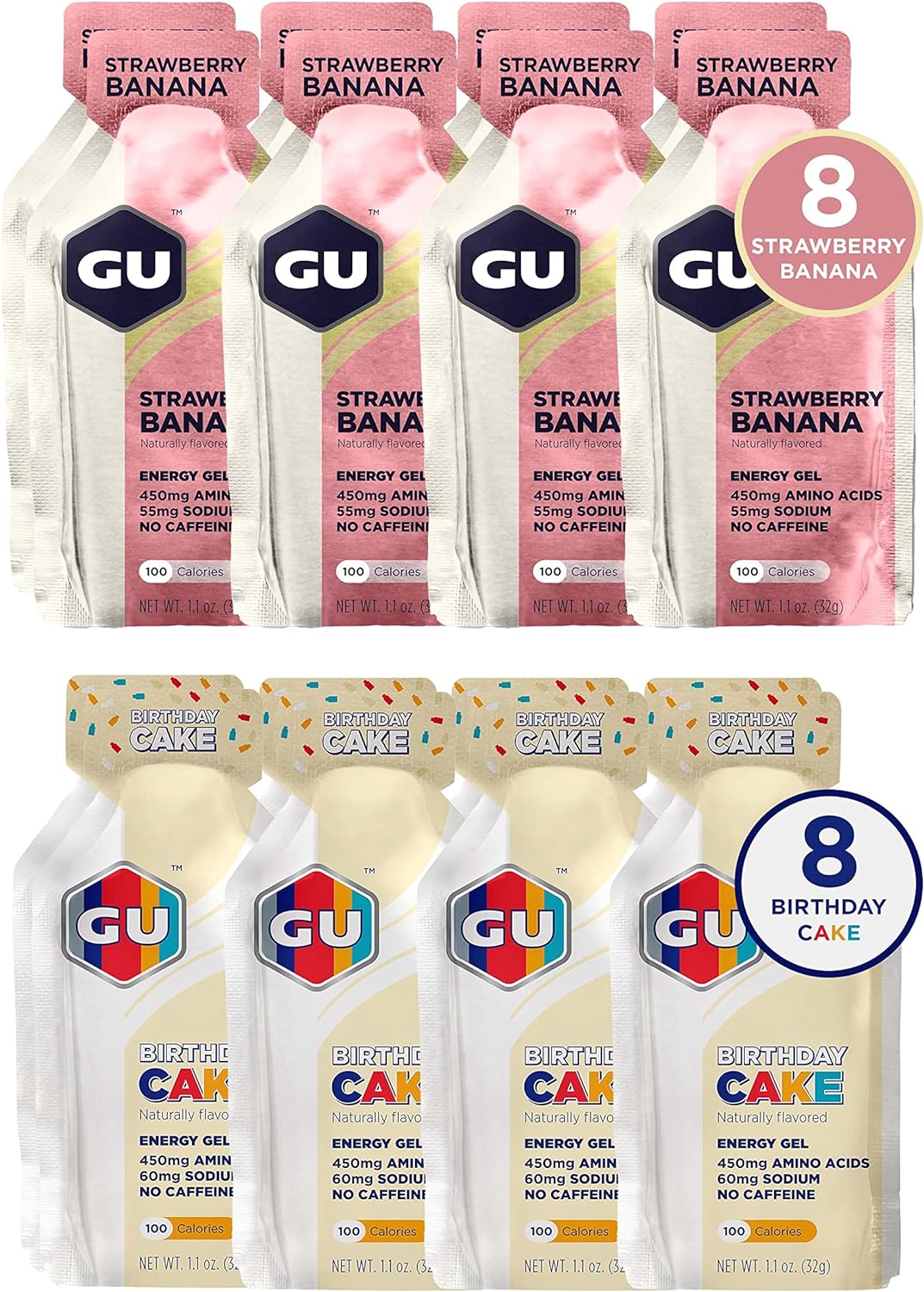 GU Energy Original Sports Nutrition Variety Pack: 8 Strawberry Banana + 8 Birthday Cake (16 Packets Total)