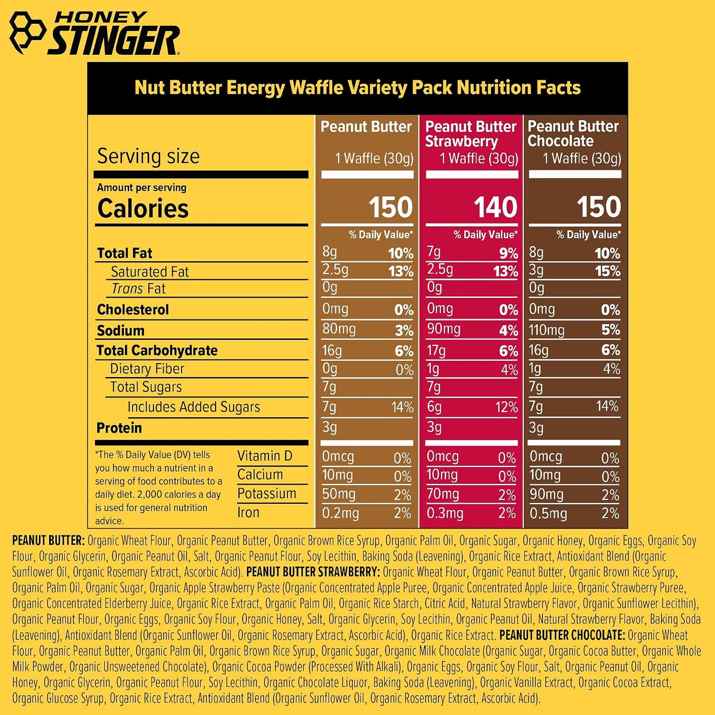 Honey Stinger Organic Peanut Butter Energy Waffle Variety Pack of 18, 6 Pack Each of Peanut Butter, PB Chocolate and PB Strawberry, Nutritious Stroopwafel Snack for Exercise, Endurance and Performance