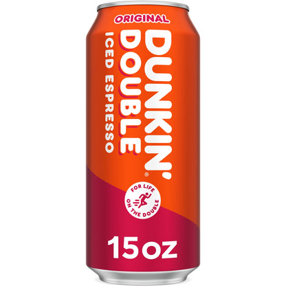 Coca Cola Dunkin’ Double Ready-to-Drink Espresso iced coffee cans, 15oz each, in a 12-pack, featuring Dunkin' Donuts branding.