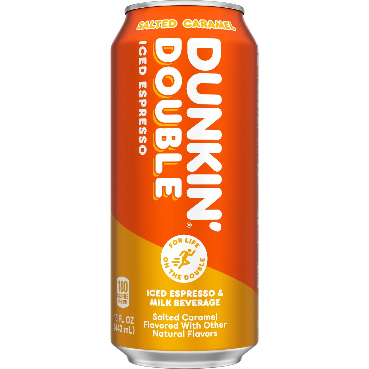 Dunkin' Donuts Double Ready-to-Drink Iced Espresso Coca-Cola 15oz can with salted caramel flavor and bold coffee design.