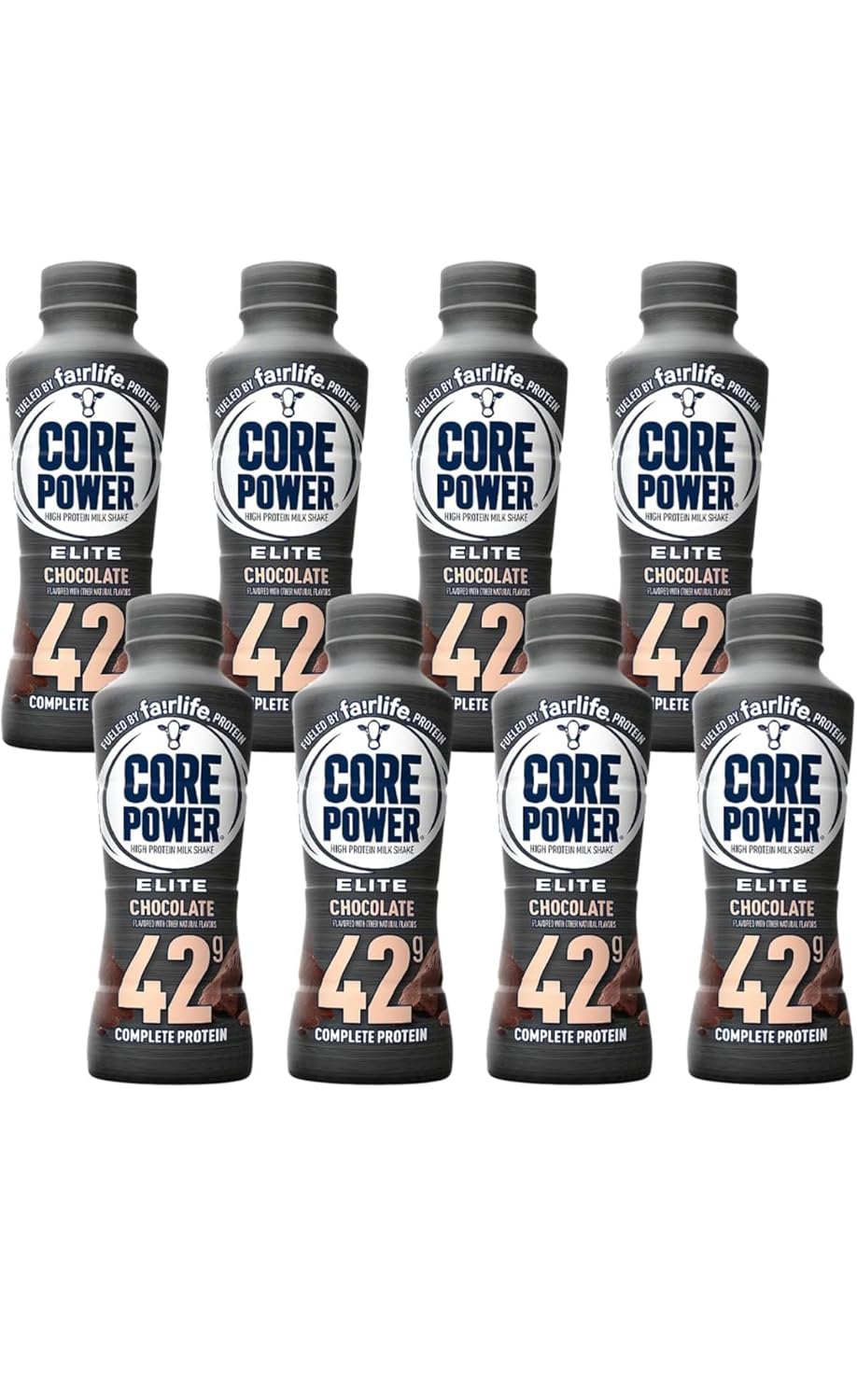 Bundle of eight Fairlife Core Power Elite 42g Chocolate Protein Shakes with one green Gatorade squeeze bottle