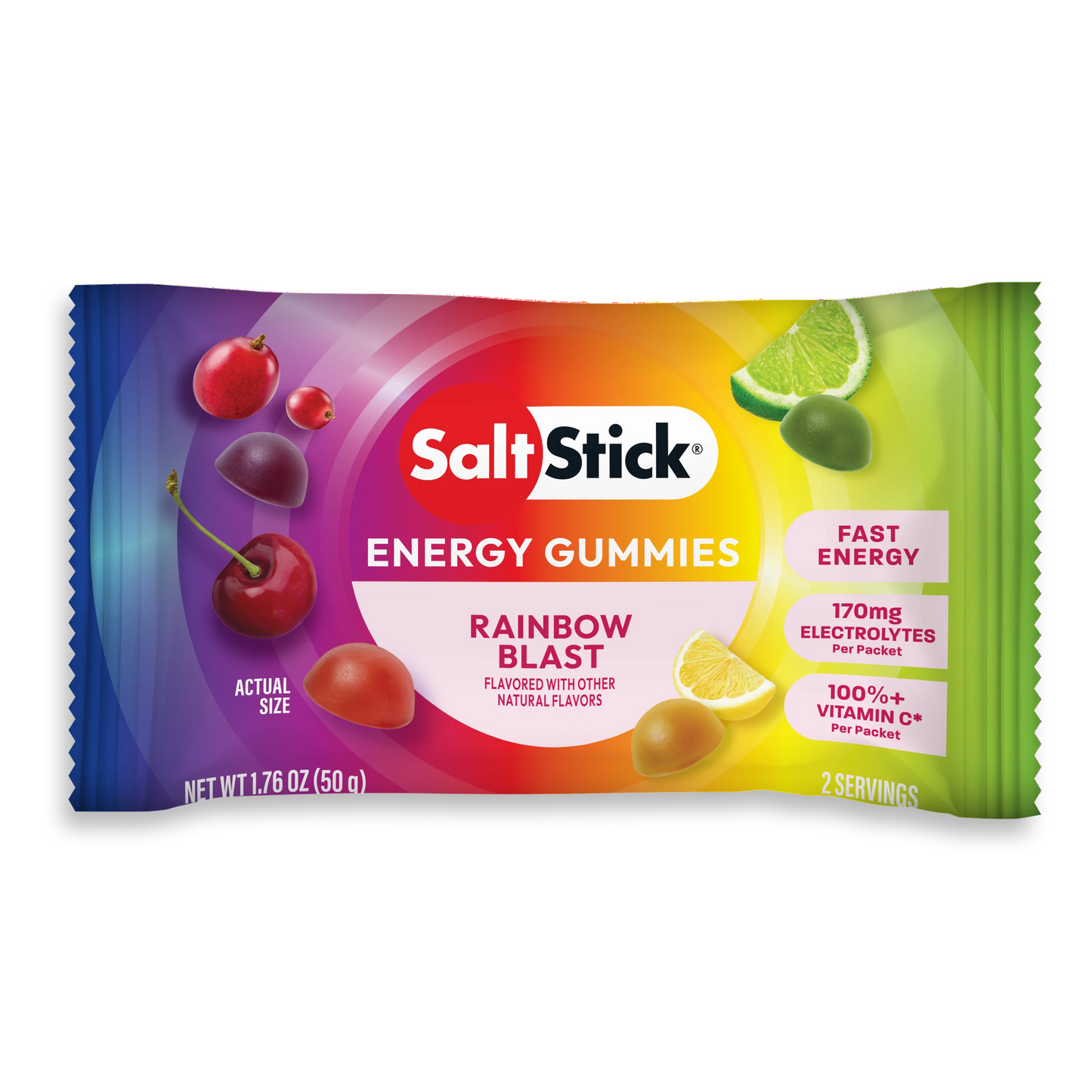 SaltStick Energy Gummies box showing 10-pack electrolyte and carbohydrate replacement chews for running, cycling, and endurance sports.