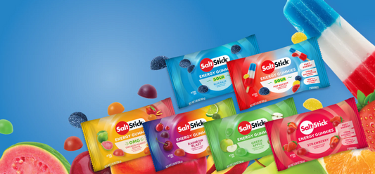 SaltStick Energy Gummies box featuring electrolyte and carbohydrate replacement chews for running, cycling, and endurance sports.