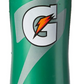 Green Gatorade water bottle with orange cap on a white background
