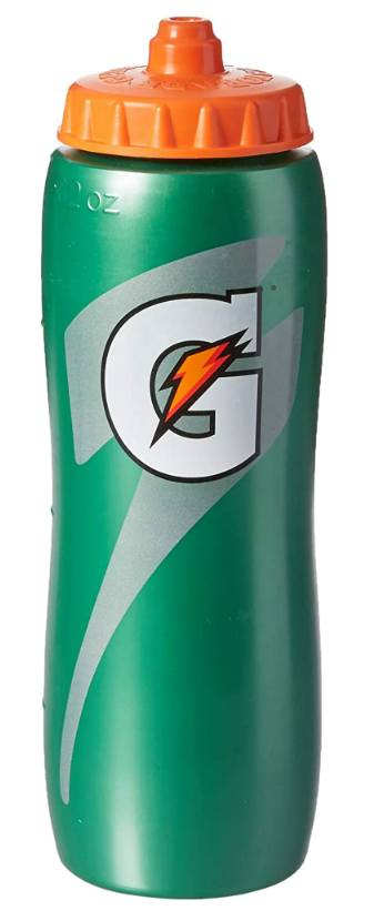 Green Gatorade water bottle with orange cap on a white background