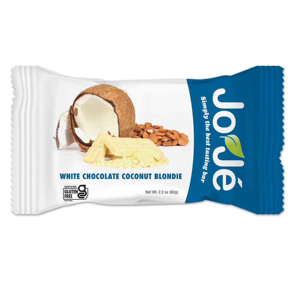 Alete Active Nutrition JoJe Bars gluten-free energy bars in peanut butter chocolate chip flavor, displayed in a box of 12 mixed-flavor bars.