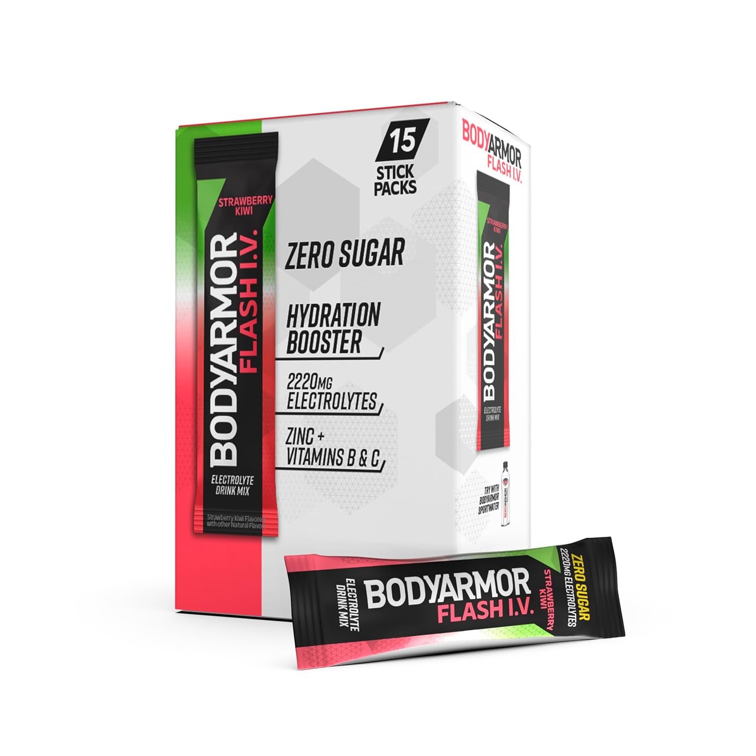 BODYARMOR Flash IV electrolyte packets in coconut water powder for hydration, featuring single serve packs and a 15 count box.