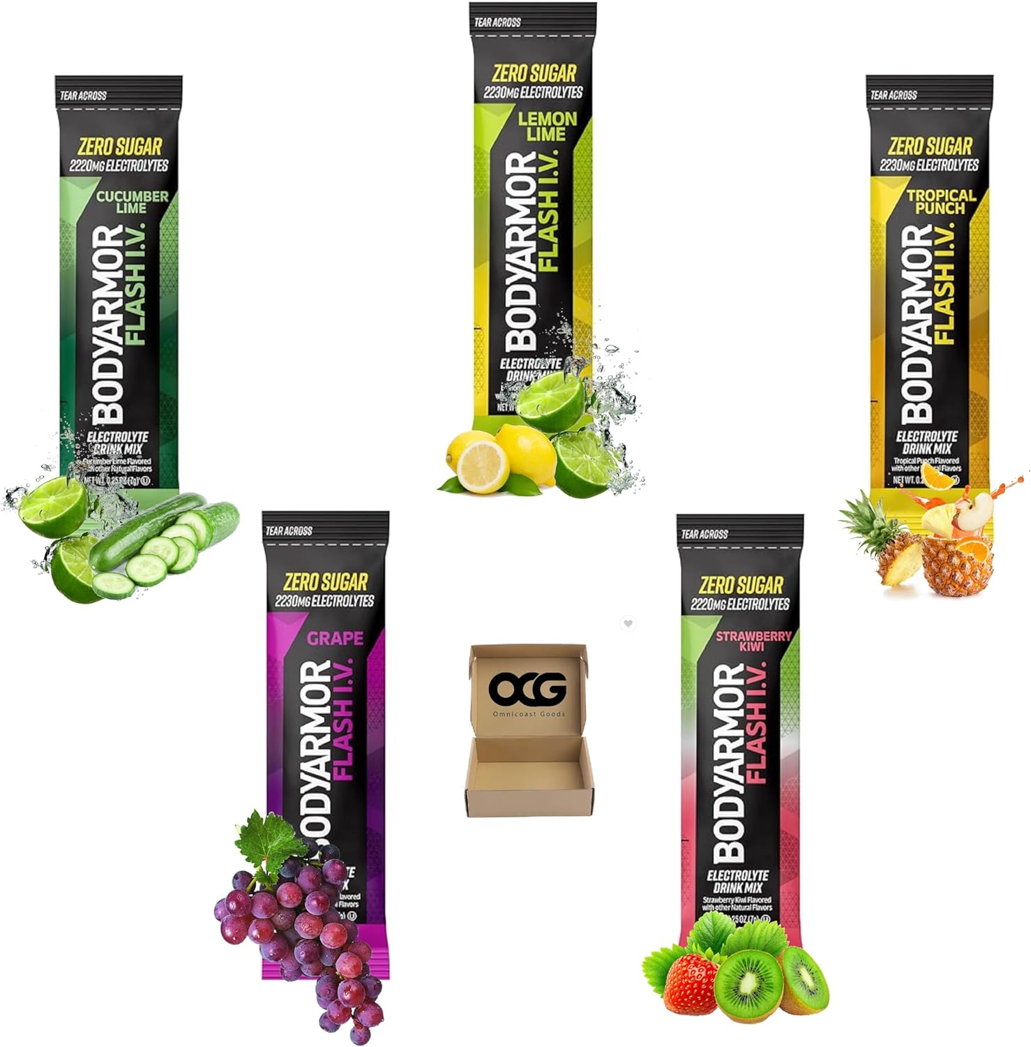BODYARMOR Flash IV Electrolyte Packets, coconut water powder in single serve packs for hydration during workouts.