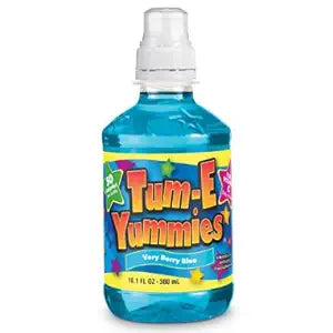 Pack of 12 Tum-E Yummies Very Berry Blue fruit flavored soft drinks in 10 oz bottles, colorful packaging with vibrant berry imagery.