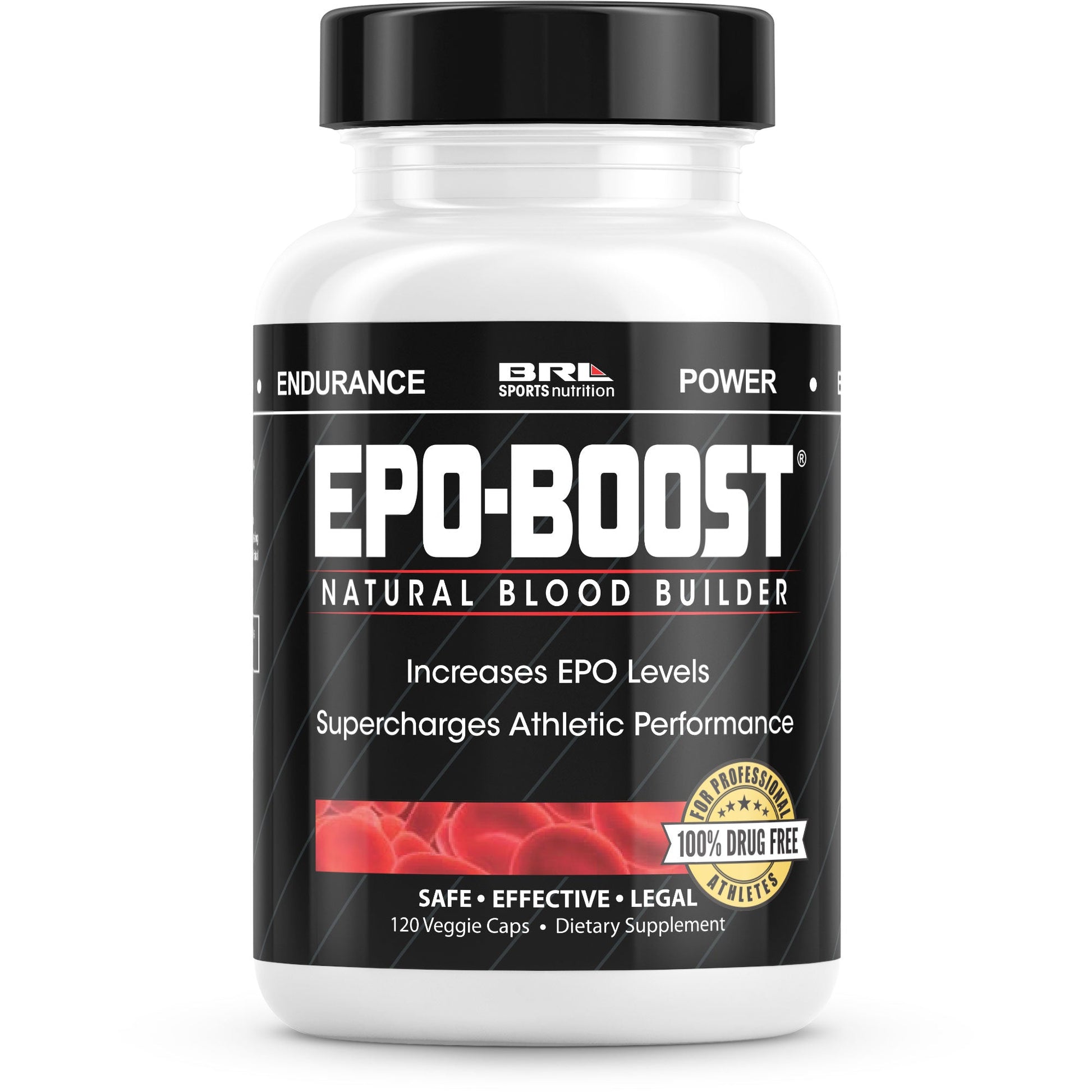 EPO-BOOST BodyEndurance Complex bottle by BRL Sports Nutrition, showcasing 120 capsules for endurance support.