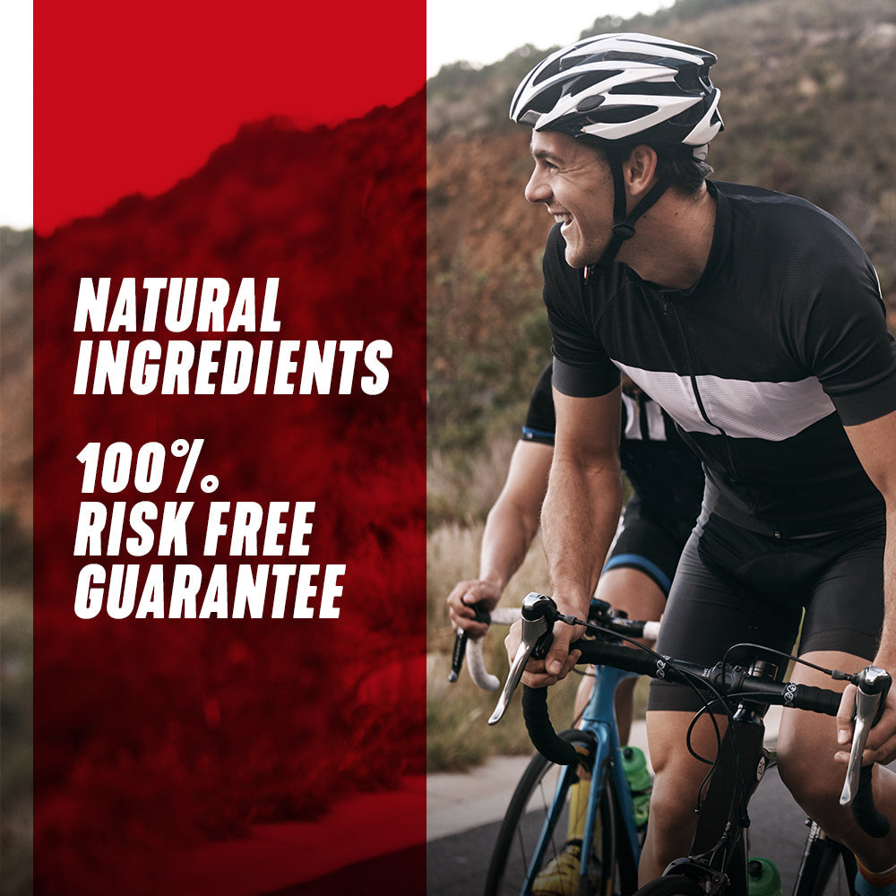 EPO-BOOST BodyEndurance Complex capsules with a cyclist, showcasing endurance supplement from BRL Sports Nutrition.