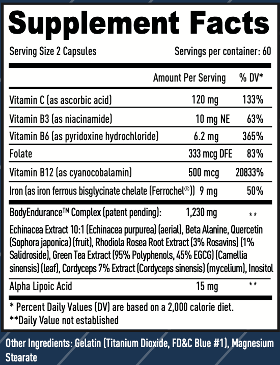 VO2-BOOST Endurance Supplement 120 capsules by BRL Sports Nutrition, showing nutritional facts on the label.