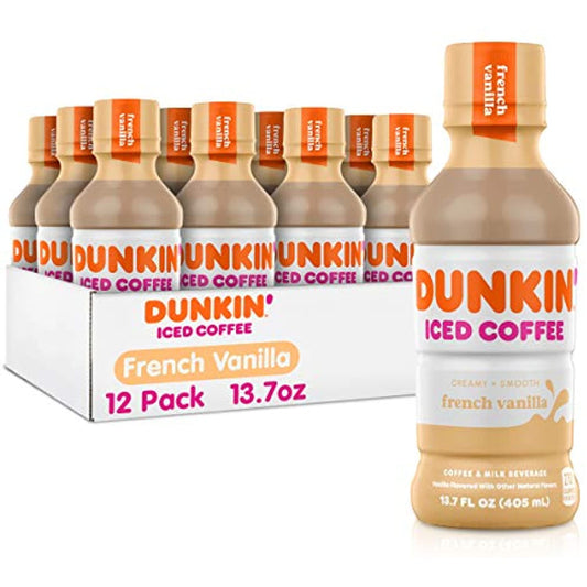Coca-Cola Dunkin Donuts Iced Coffee energy drinks in 13.7 oz cans, caramel flavor, pack of 12, on a store shelf