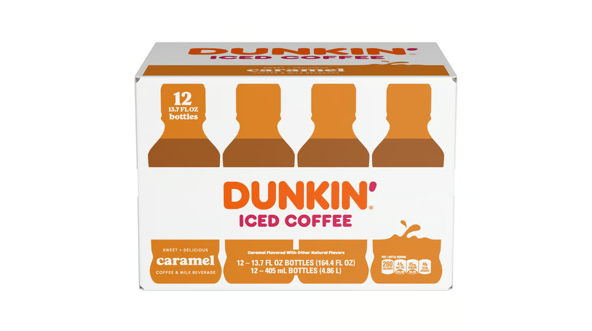 Coca-Cola Dunkin Donuts Iced Coffee energy drink in 13.7 oz cans, caramel flavor, pack of 12, with coffee and caramel visuals.