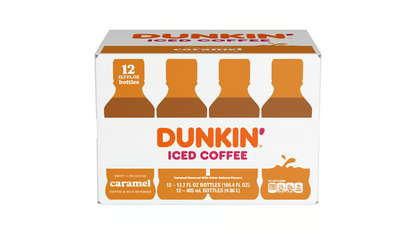 Coca-Cola Dunkin Donuts Iced Coffee energy drink in 13.7 oz cans, caramel flavor, pack of 12, with coffee and caramel visuals.
