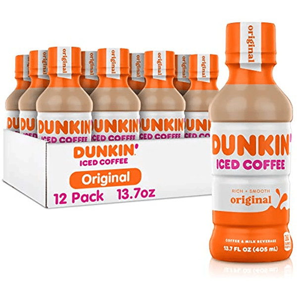 Coca Cola Dunkin Donuts Iced Coffee energy drink, 13.7 fl oz, pack of 12, with caramel flavor and branded packaging.