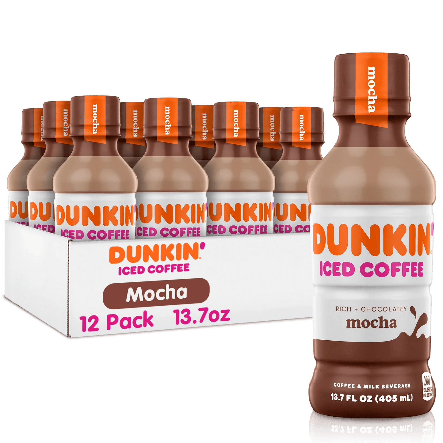 Coca-Cola Dunkin Donuts Iced Coffee energy drinks, 13.7 fl oz, pack of 12, caramel flavor in cans.