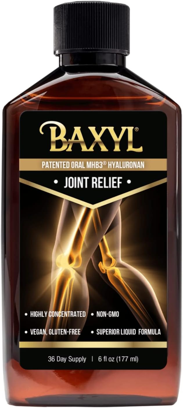 BAXYL Liquid Hyaluronic Acid joint supplement in a 6 oz bottle, promoting vegan and gluten-free relief for joints.