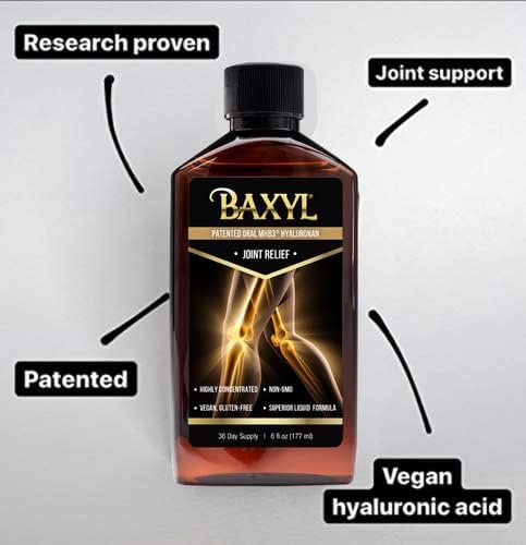 BAXYL liquid hyaluronic acid joint supplement from Cogent Solutions Biozyme in a 6 oz bottle for joint relief.