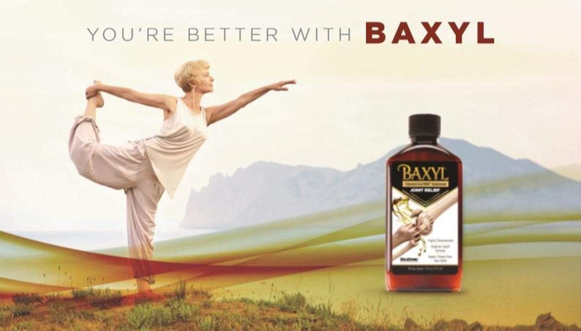 BAXYL Liquid Hyaluronic Acid joint supplement bottle, 6 oz, featuring vegan, gluten-free, and non-GMO labeling.