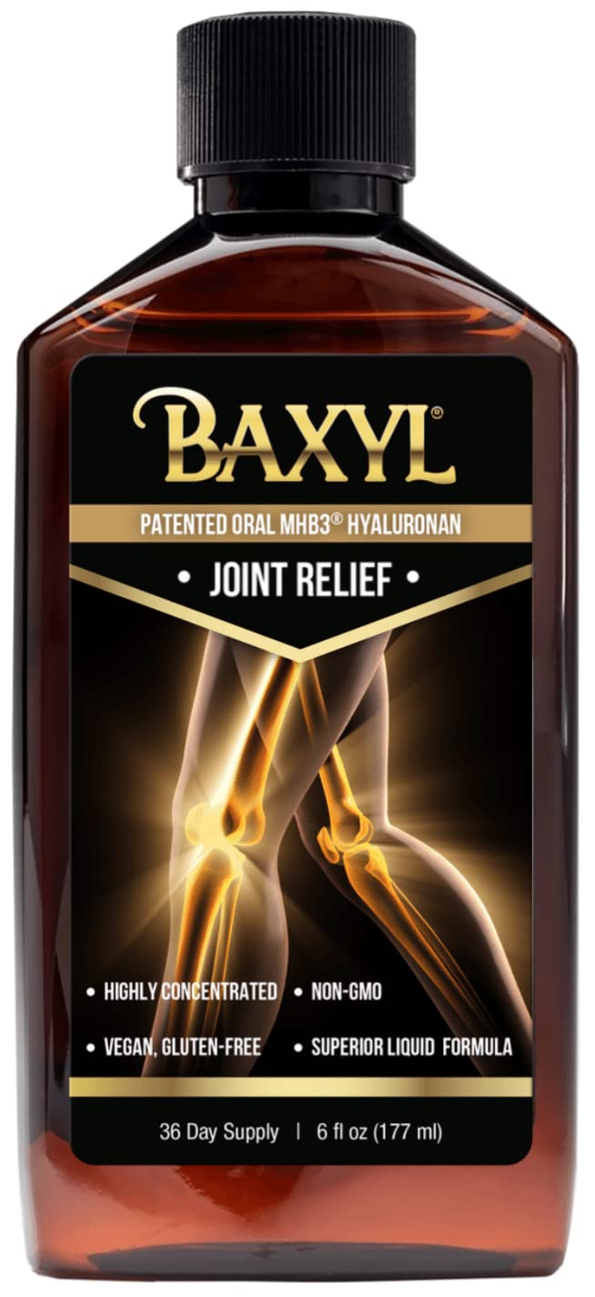 BAXYL Liquid Hyaluronic Acid joint supplement bottle with 6 oz serving for joint relief, by Cogent Solutions Biozyme.