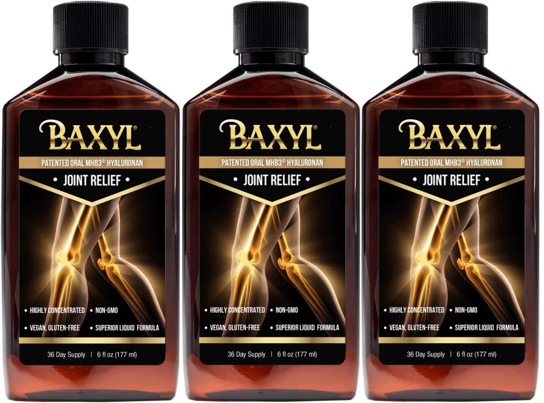 BAXYL Liquid Hyaluronic Acid joint supplement bottle with a 6 oz label, featuring vegan and gluten-free markings.